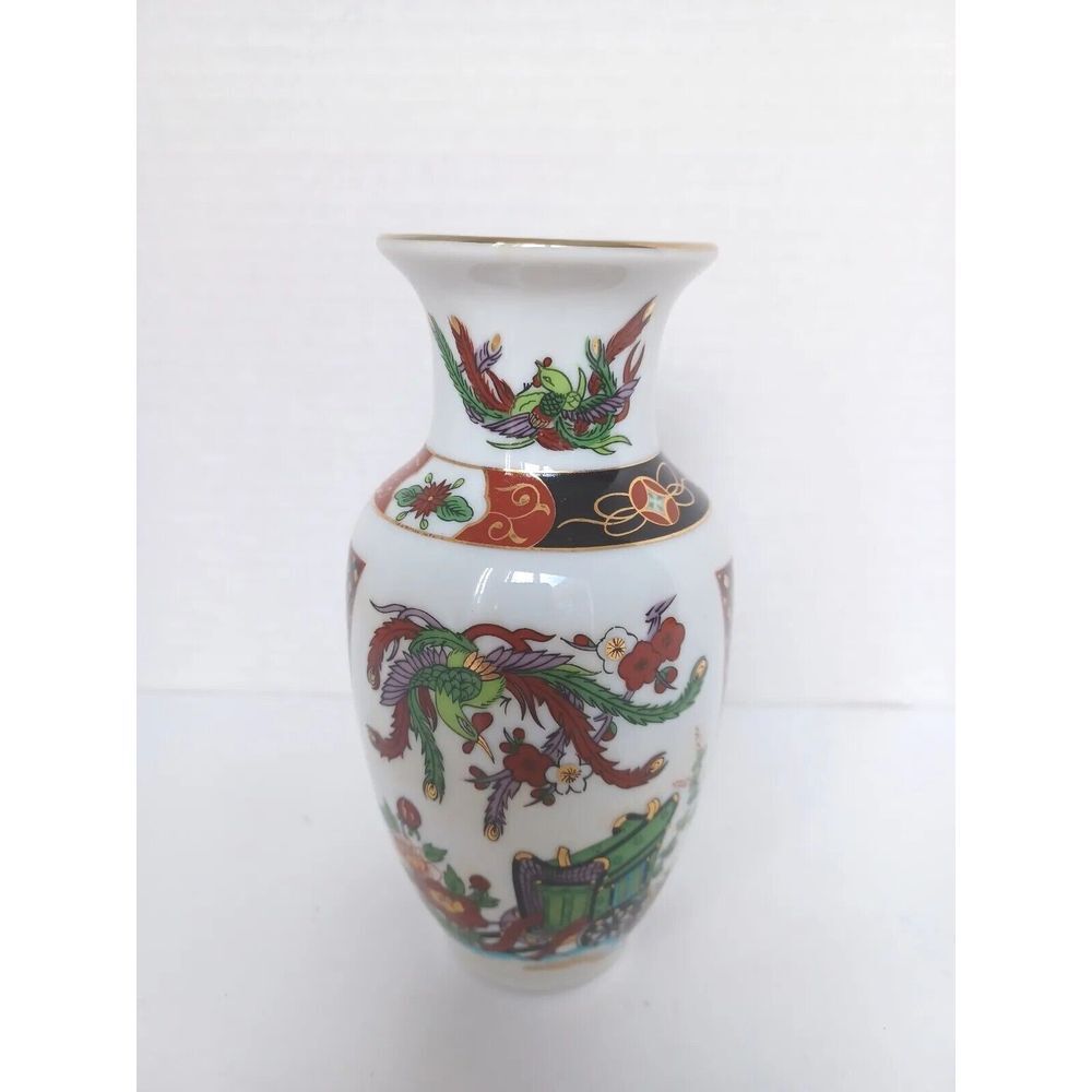 Vintage Japanese Porcelain Bud Vase Phoenix Carriage Gilt Detail White 6 Inch